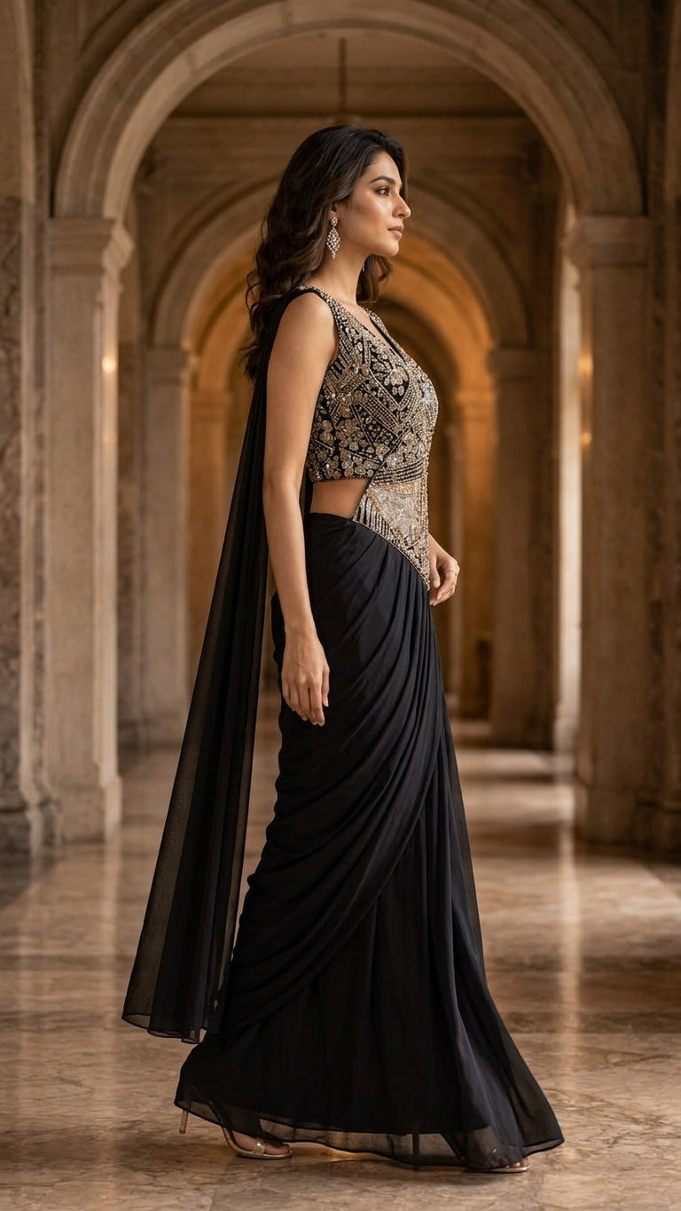 OWLSKY, SASSY & STYLO Women's Ready to Wear Imported Lycra Saree with Heavy Beads Work Blouse | Designer Pre Stitched Saree with Embellished Blouse