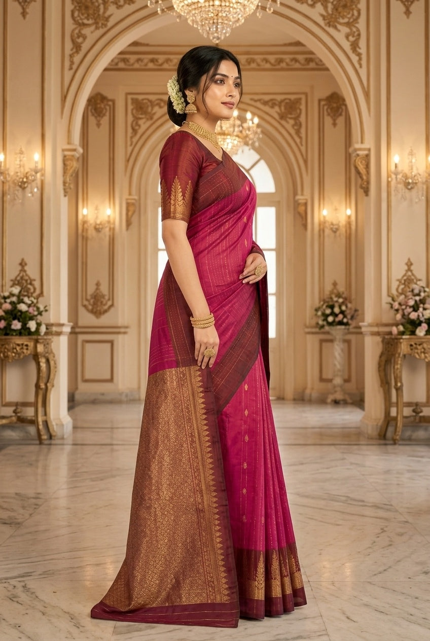 OWLSKY, SASSY & STYLO Pure Silk Kanjivaram Handloom Saree in Dark Rani Pink/Majenta with Antique Gold Zari Border & Rich Contrast Pallu | Traditional Kanchipuram Silk Saree for Women