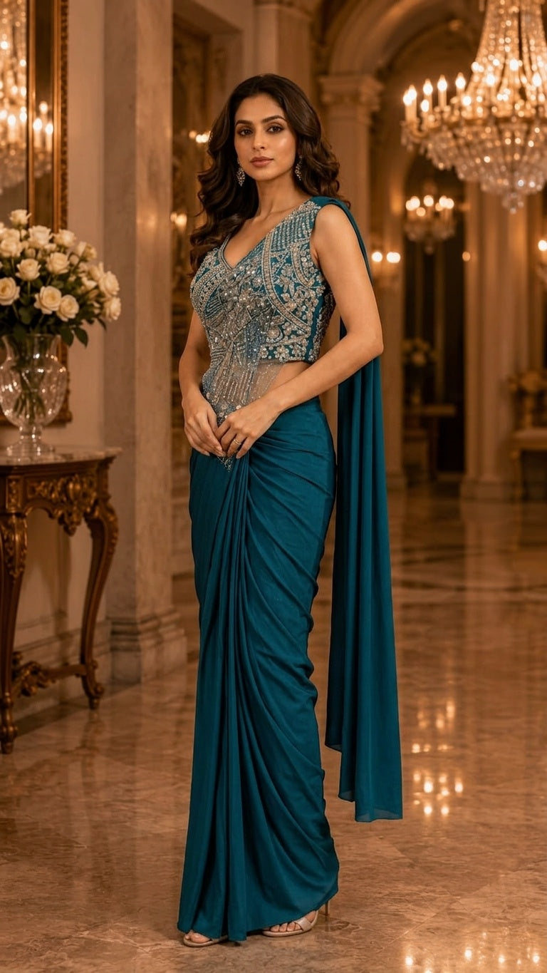 OWLSKY, SASSY & STYLO Women's Ready to Wear Imported Lycra Saree with Heavy Beads Work Blouse | Designer Pre Stitched Saree with Embellished Blouse