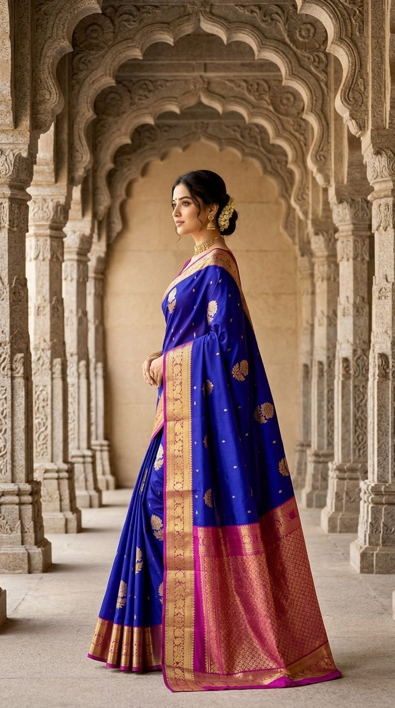 OWLSKY, SASSY & STYLO Royal Blue Pure Silk Kanjivaram Handloom Saree with Gold Zari Buttas & Magenta Contrast Pallu | Traditional Kanchipuram Silk Saree for Women