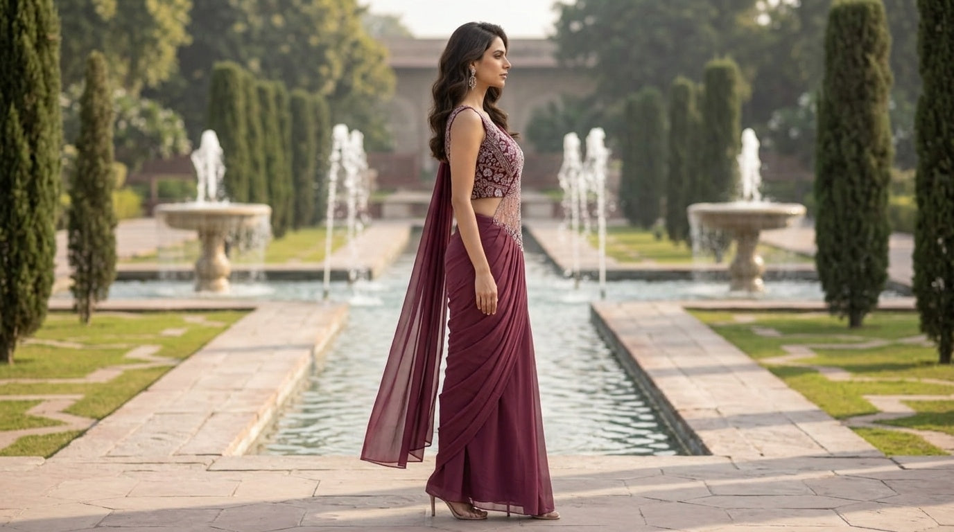 OWLSKY, SASSY & STYLO Women's Ready to Wear Imported Lycra Saree with Heavy Beads Work Blouse | Designer Pre Stitched Saree with Embellished Blouse