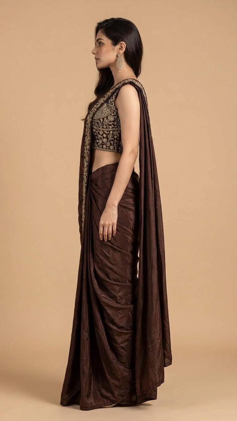 OWLSKY, SASSY & STYLO Women's Ready to Wear Premium Chinnon Saree with Heavy Beads & Embroidery Work Blouse | Pre-Stitched Designer Saree with Embroidered Blouse