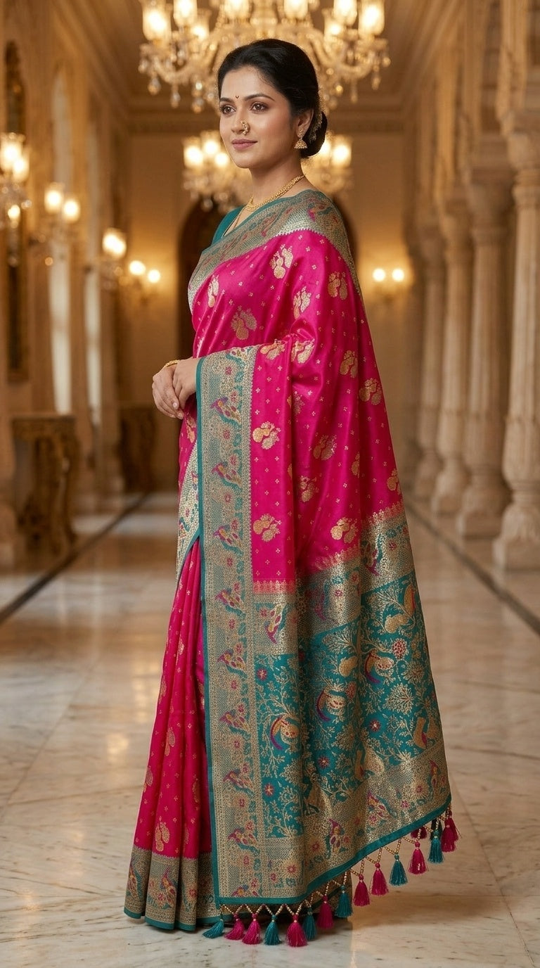 Premium Soft Paithani Silk Saree for Women with Meenakari Zari Weaving, Peacock Pallu, Rich Floral Border & Brocade Blouse