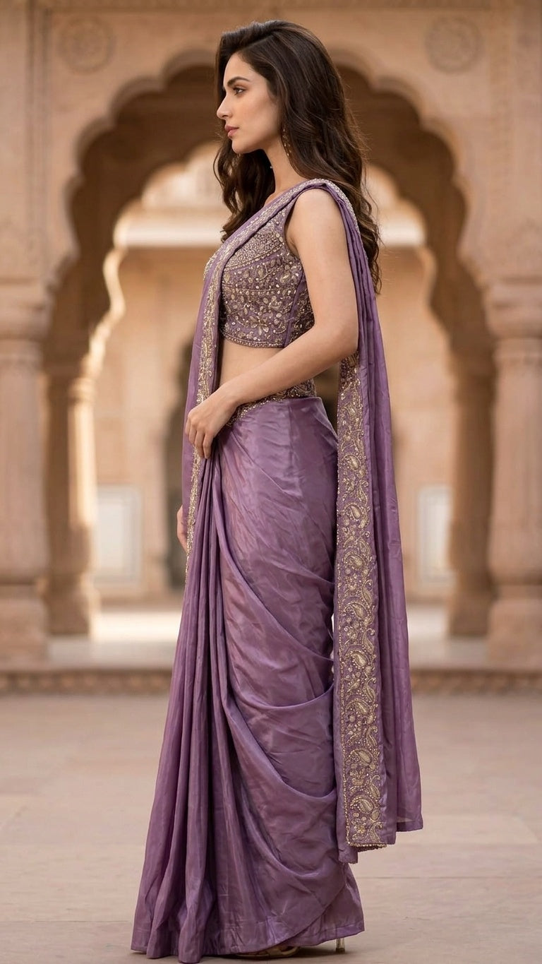 OWLSKY, SASSY & STYLO Women's Ready to Wear Premium Chinnon Saree with Heavy Beads & Embroidery Work Blouse | Pre-Stitched Designer Saree with Embroidered Blouse