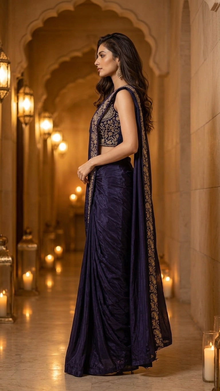 OWLSKY, SASSY & STYLO Women's Ready to Wear Premium Chinnon Saree with Heavy Beads & Embroidery Work Blouse | Pre-Stitched Designer Saree with Embroidered Blouse