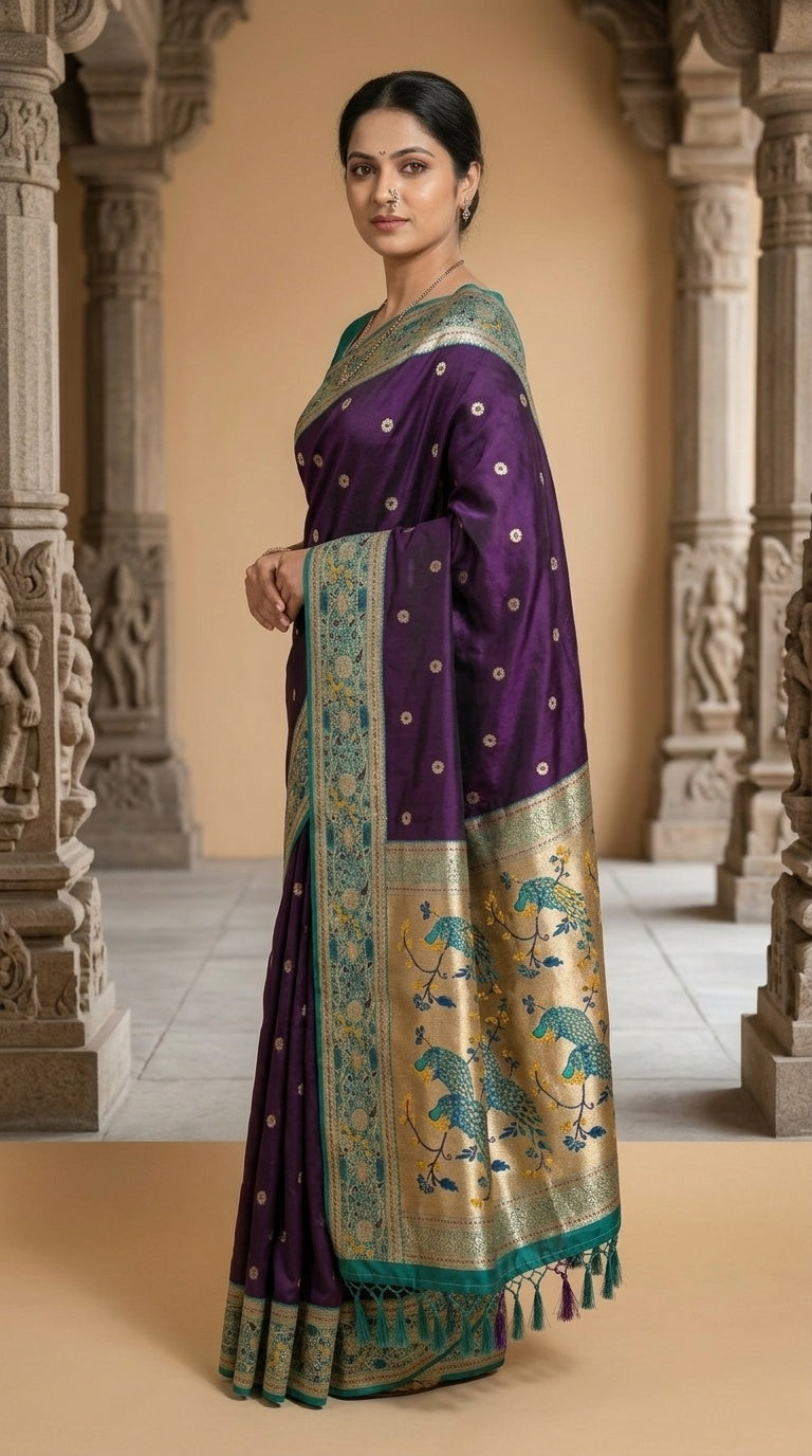 Premium Soft Paithani Silk Saree for Women with Meenakari Zari Weaving, Rich Peacock Pallu, Floral Border & Silk Brocade Blouse