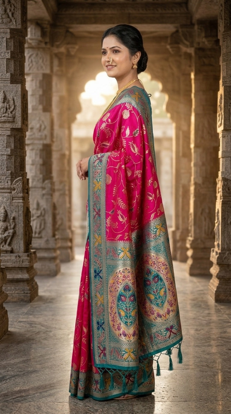PREMIUM Soft Paithani Silk Saree for Women with Meenakari Zari Weaving, Rich Peacock Pallu, Floral Border & Tassels with Brocade Blouse
