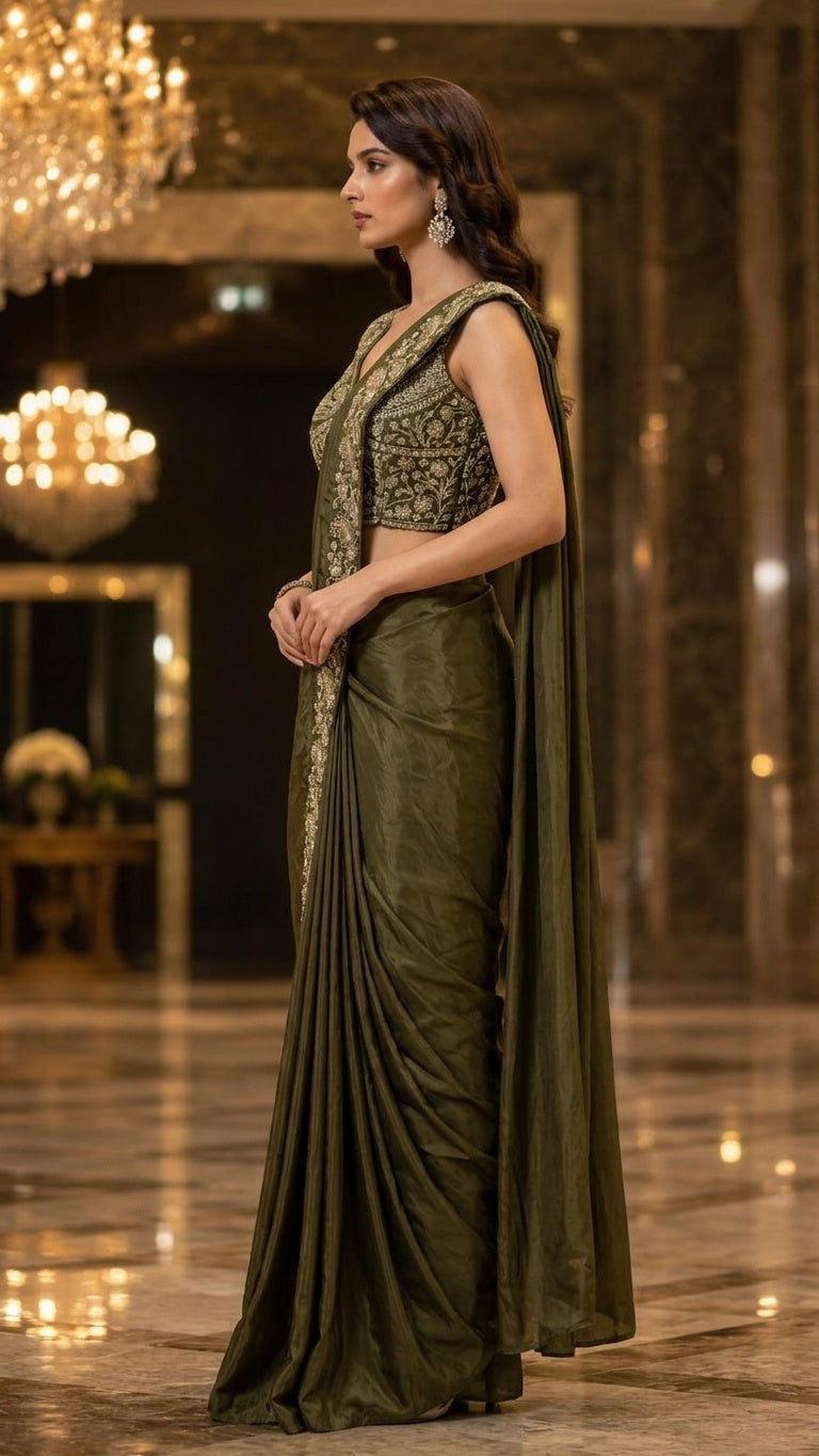 OWLSKY, SASSY & STYLO Women's Ready to Wear Premium Chinnon Saree with Heavy Beads & Embroidery Work Blouse | Pre-Stitched Designer Saree with Embroidered Blouse