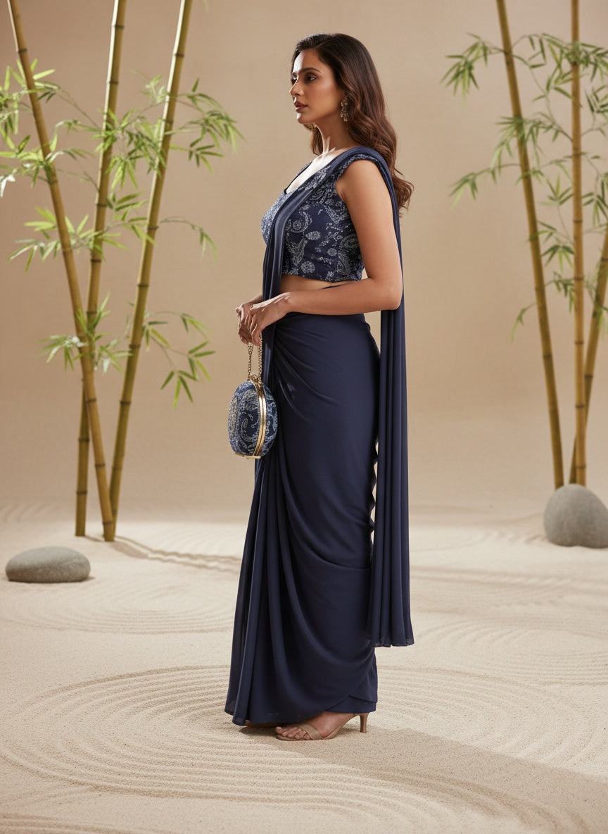 OWLSKY, SASSY & STYLO Women Ready-to-Wear One Minute Saree with Embroidered Sleeveless Blouse | Premium Lycra Party Wedding & Festive