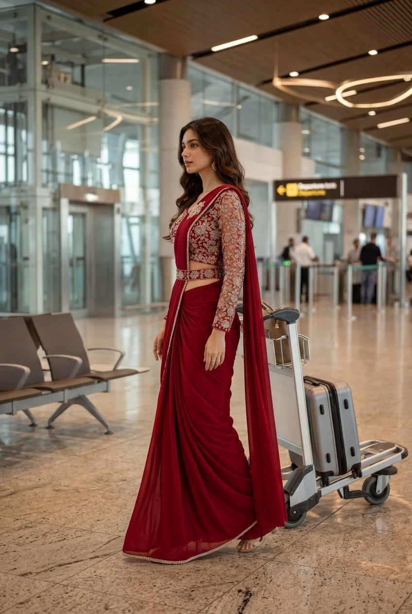 Wine Red with Silver Embroidery