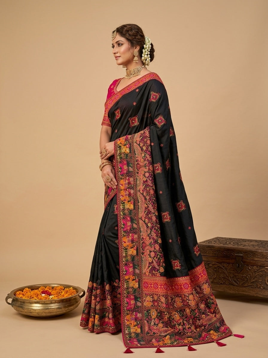 OWLSKY, SASSY & STYLO Women's Pure Rajwadi Pashmina Silk Woven Saree with Kashmiri Thread Woven Pallu | Heavy Zari Elephant Border, Running Butti, Handmade Tassels | Contrast Unstitched Blouse