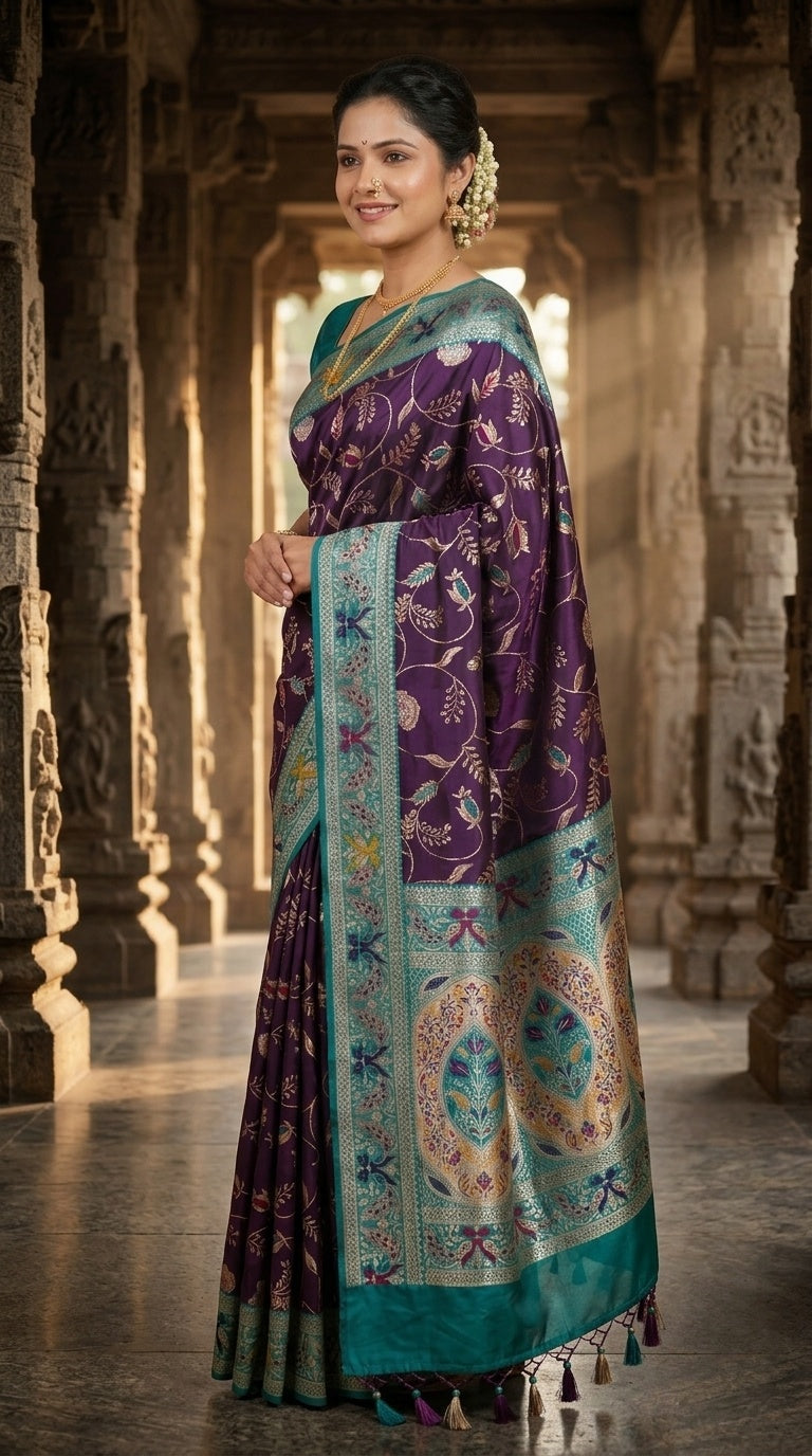 PREMIUM Soft Paithani Silk Saree for Women with Meenakari Zari Weaving, Rich Peacock Pallu, Floral Border & Tassels with Brocade Blouse