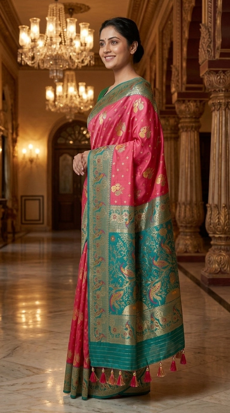 Premium Soft Paithani Silk Saree for Women with Meenakari Zari Weaving, Peacock Pallu, Rich Floral Border & Brocade Blouse