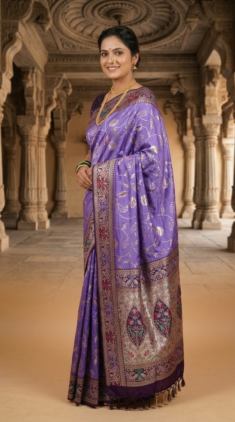 PREMIUM Soft Paithani Silk Saree for Women with Meenakari Zari Weaving, Rich Peacock Pallu, Floral Border & Tassels with Brocade Blouse