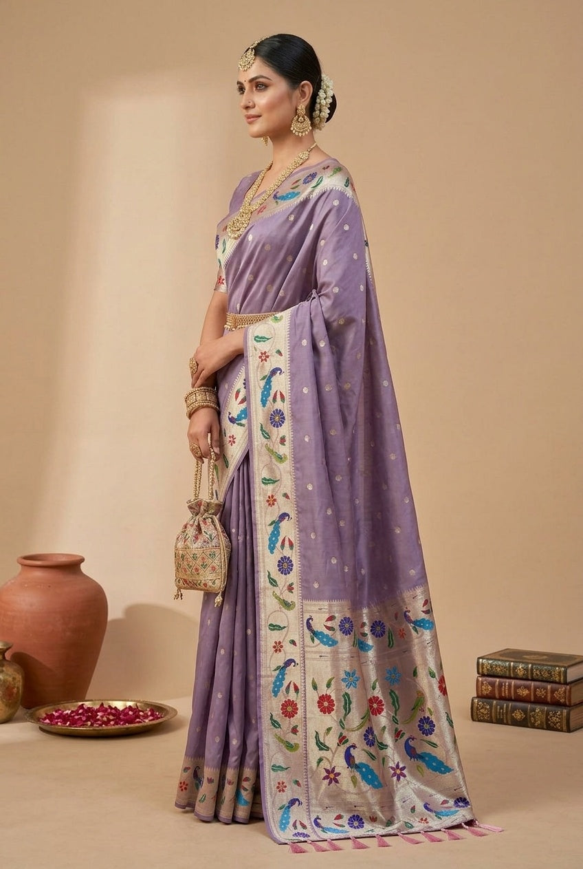 OWLSKY, SASSY & STYLO Women's Paithani Silk Saree with Zari Motif Design| Meenakari Rich Pallu with Tessels Attched | Peacock Floral Border | Traditional Festive Saree with Silk Blouse Piece
