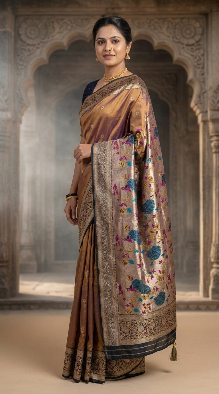 Premium Soft Paithani Silk Saree for Women with Meenakari Zari Weaving, Rich Peacock Pallu, Floral Border & Silk Brocade Blouse