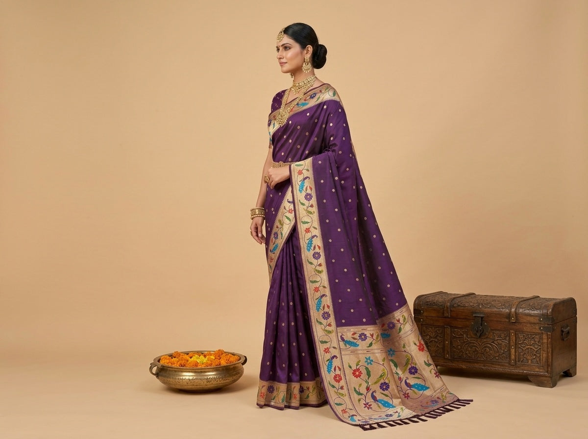 OWLSKY, SASSY & STYLO Women's Paithani Silk Saree with Zari Motif Design| Meenakari Rich Pallu with Tessels Attched | Peacock Floral Border | Traditional Festive Saree with Silk Blouse Piece