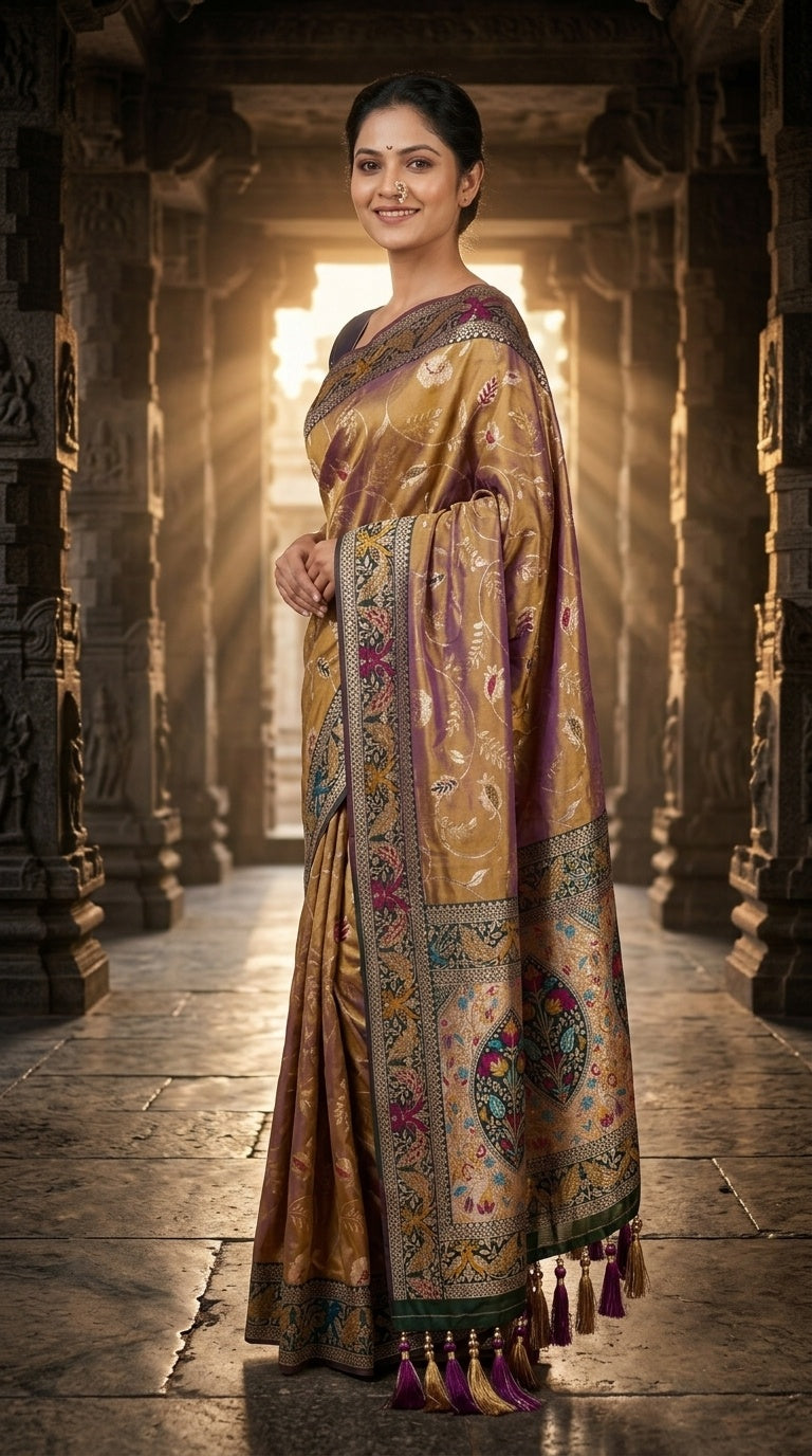 PREMIUM Soft Paithani Silk Saree for Women with Meenakari Zari Weaving, Rich Peacock Pallu, Floral Border & Tassels with Brocade Blouse