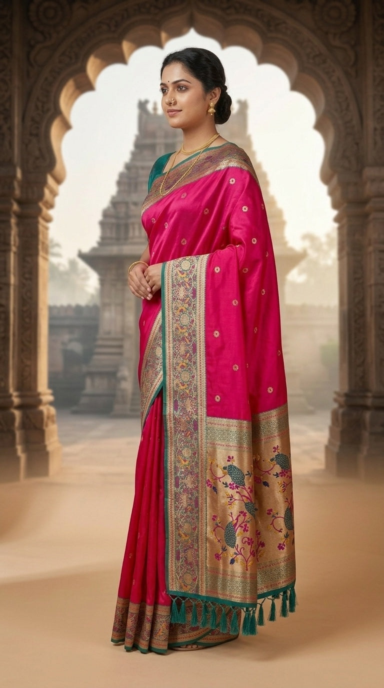 Premium Soft Paithani Silk Saree for Women with Meenakari Zari Weaving, Rich Peacock Pallu, Floral Border & Silk Brocade Blouse
