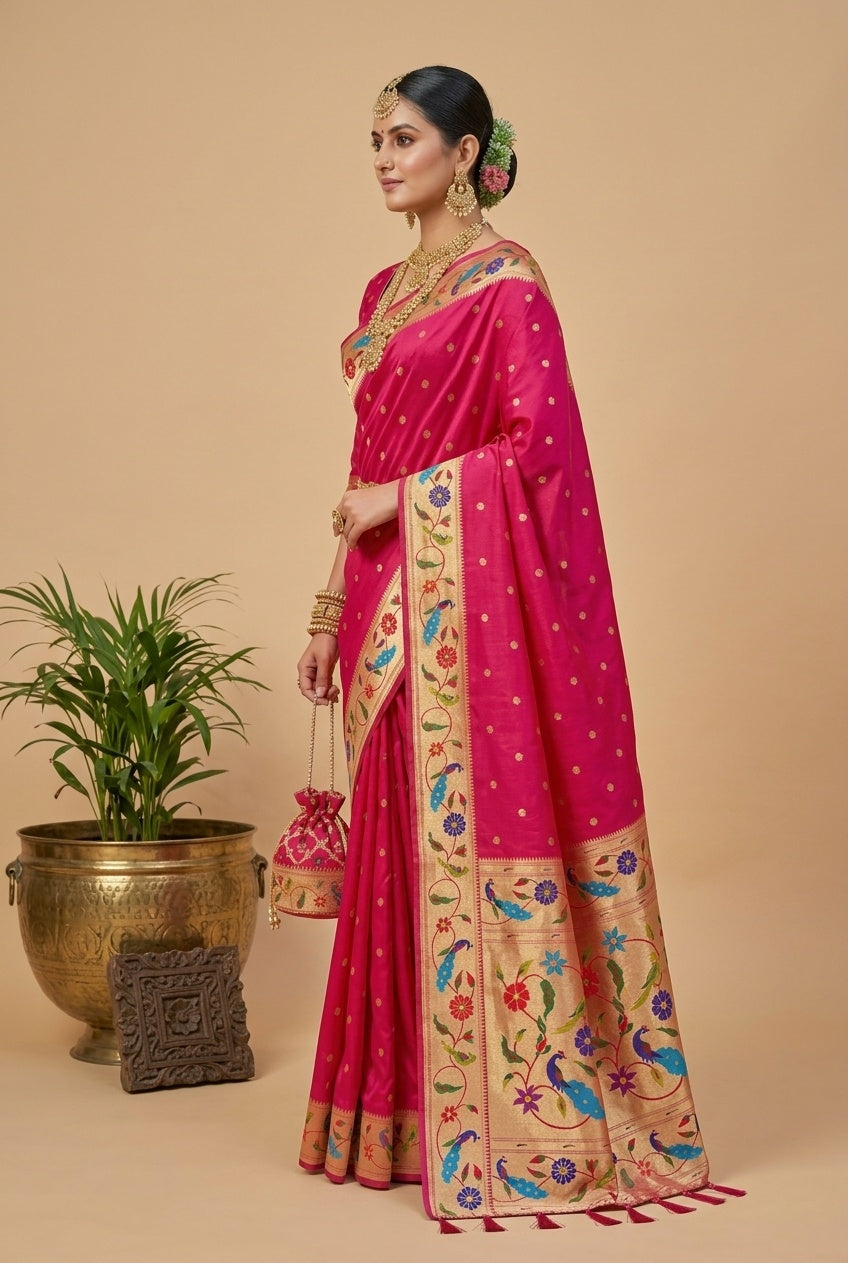 OWLSKY, SASSY & STYLO Women's Paithani Silk Saree with Zari Motif Design| Meenakari Rich Pallu with Tessels Attched | Peacock Floral Border | Traditional Festive Saree with Silk Blouse Piece