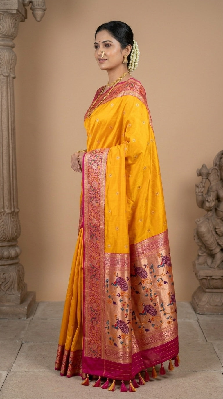 Premium Soft Paithani Silk Saree for Women with Meenakari Zari Weaving, Rich Peacock Pallu, Floral Border & Silk Brocade Blouse