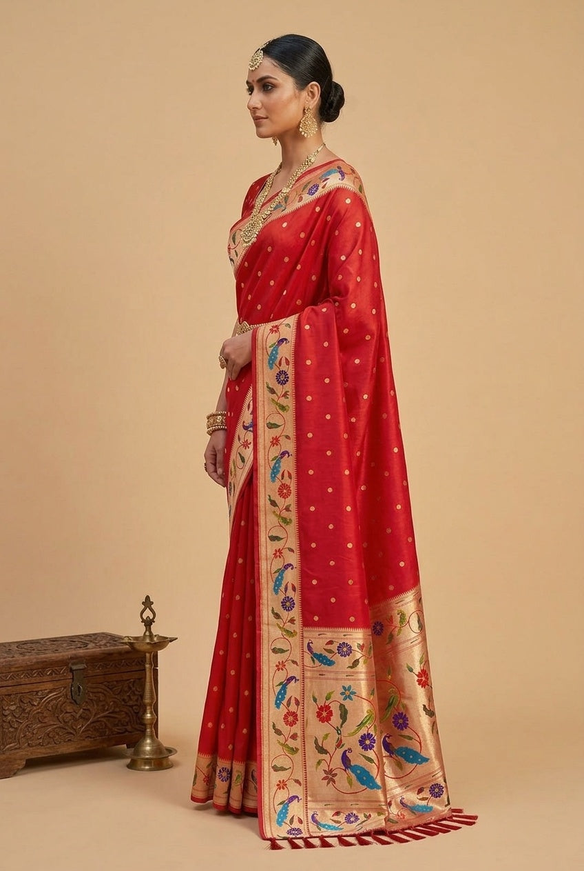 OWLSKY, SASSY & STYLO Women's Paithani Silk Saree with Zari Motif Design| Meenakari Rich Pallu with Tessels Attched | Peacock Floral Border | Traditional Festive Saree with Silk Blouse Piece