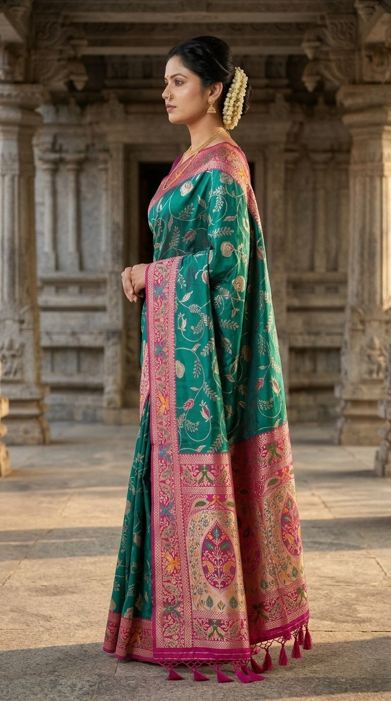 PREMIUM Soft Paithani Silk Saree for Women with Meenakari Zari Weaving, Rich Peacock Pallu, Floral Border & Tassels with Brocade Blouse