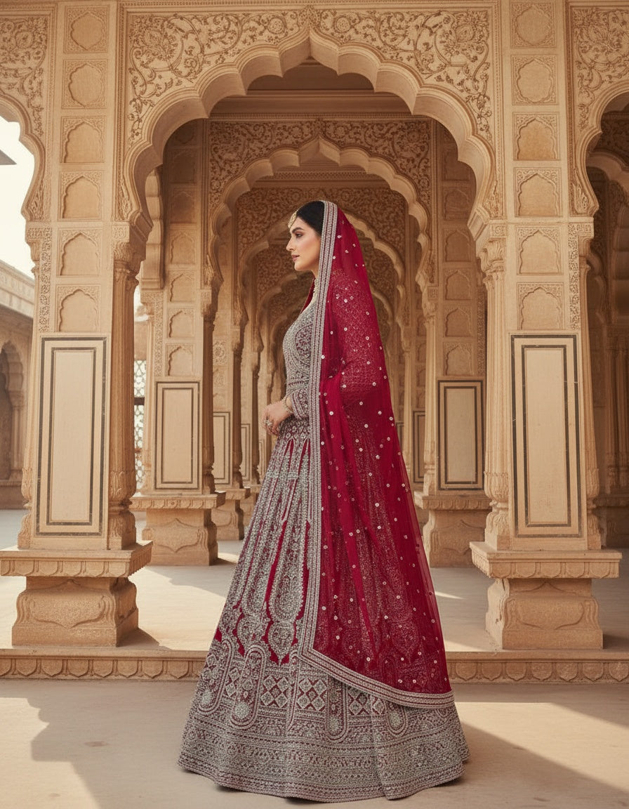 Women’s Georgette Embroidered Siroski Long Gown with Dupatta | Designer Wedding & Bridal Party Wear Ethnic Gown