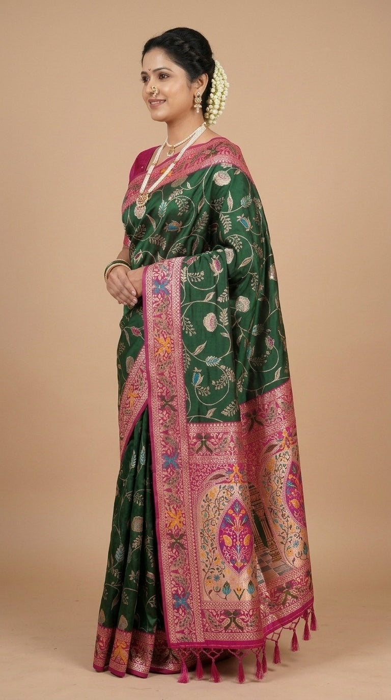 PREMIUM Soft Paithani Silk Saree for Women with Meenakari Zari Weaving, Rich Peacock Pallu, Floral Border & Tassels with Brocade Blouse