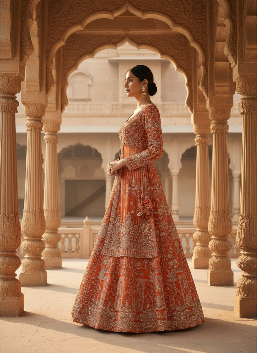 Women’s Orange Embroidered Bridal Lehenga Choli with Dupatta | Designer Wedding & Reception Wear Ethnic Lehenga Set