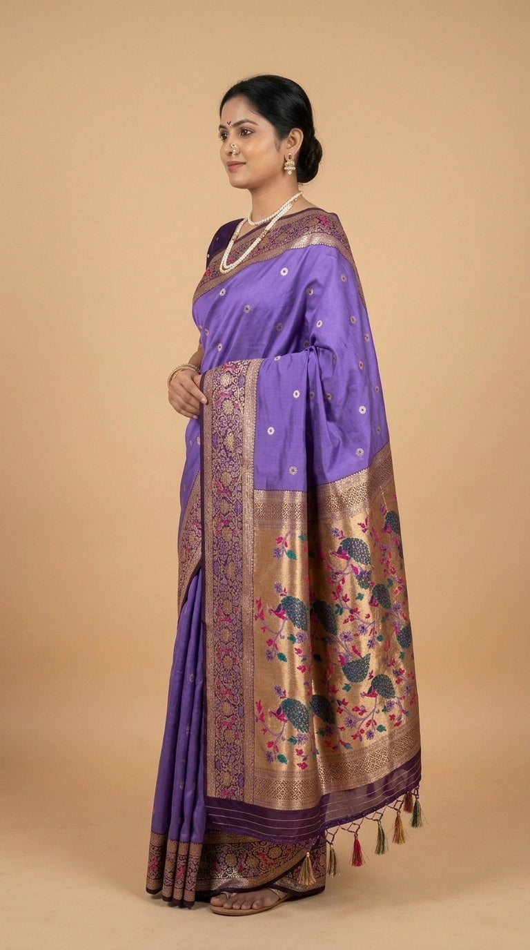 Premium Soft Paithani Silk Saree for Women with Meenakari Zari Weaving, Rich Peacock Pallu, Floral Border & Silk Brocade Blouse