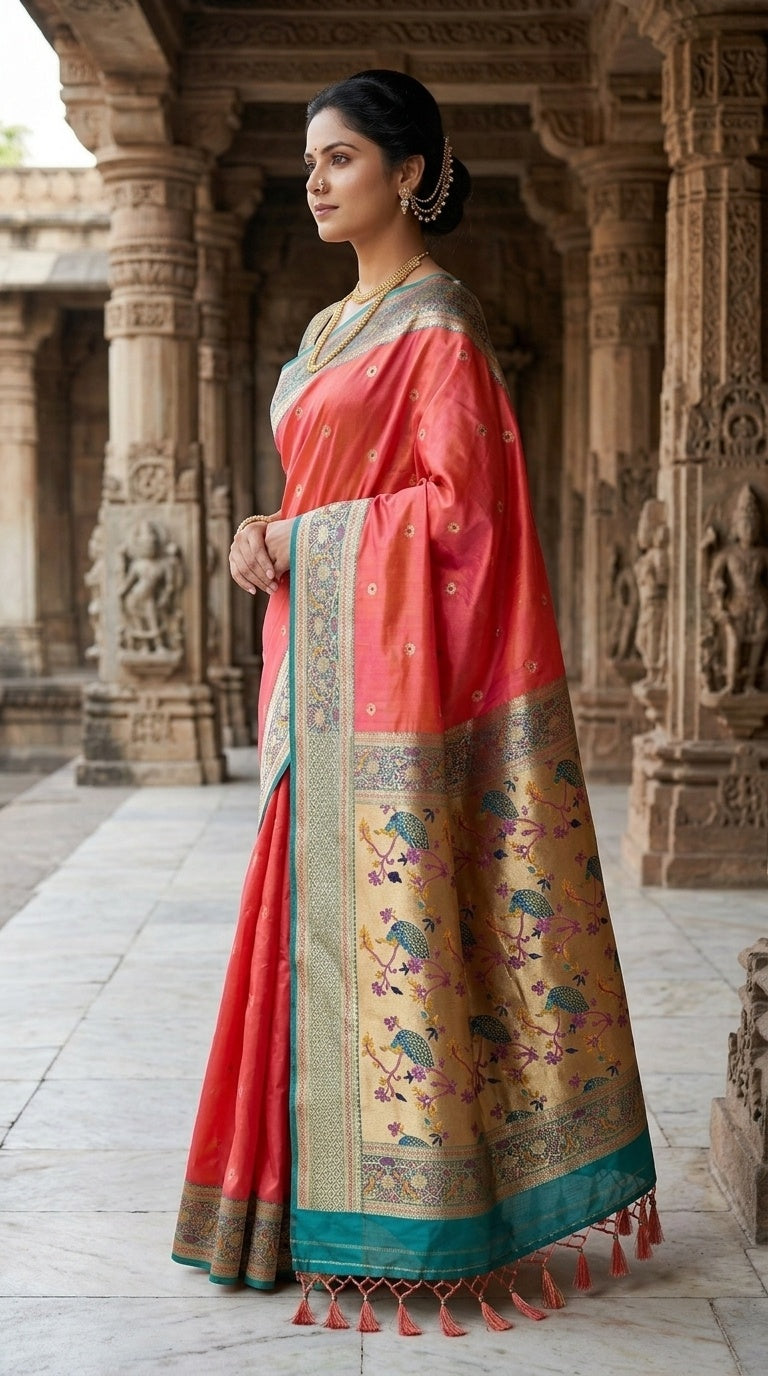 Premium Soft Paithani Silk Saree for Women with Meenakari Zari Weaving, Rich Peacock Pallu, Floral Border & Silk Brocade Blouse