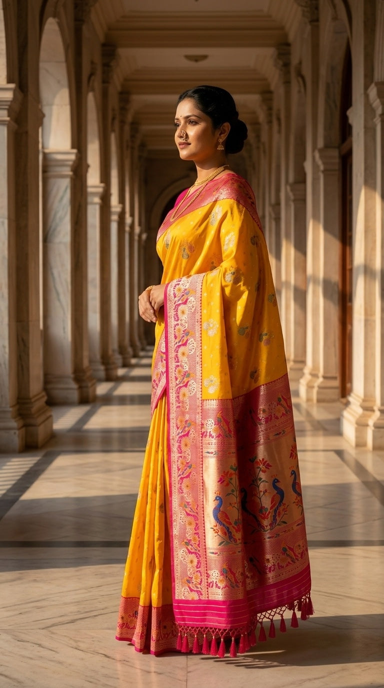 Premium Soft Paithani Silk Saree for Women with Meenakari Zari Weaving, Peacock Pallu, Rich Floral Border & Brocade Blouse