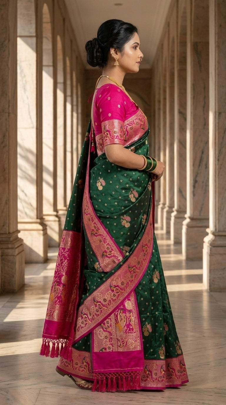 Premium Soft Paithani Silk Saree for Women with Meenakari Zari Weaving, Peacock Pallu, Rich Floral Border & Brocade Blouse
