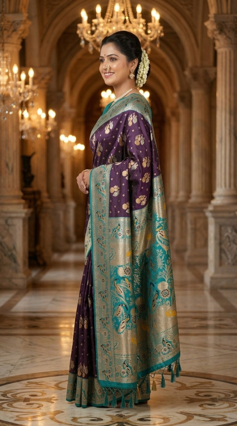 Premium Soft Paithani Silk Saree for Women with Meenakari Zari Weaving, Peacock Pallu, Rich Floral Border & Brocade Blouse
