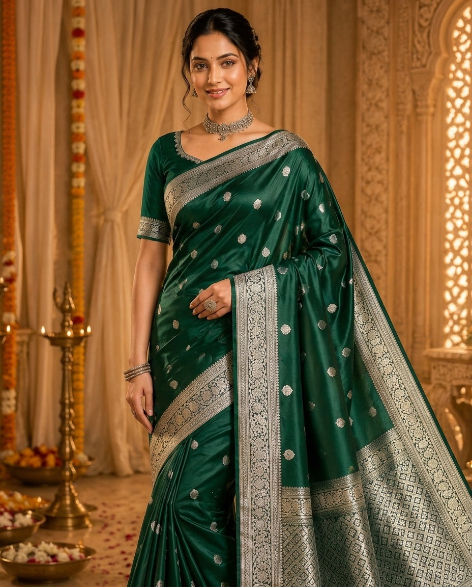OWLSKY, SASSY & STYLO Women's Handloom Pure Banarasi Silk Saree with Jacquard Woven Floral/Paisley Butti with Rich Contrast Zari Border & Grand Rich Designer Woven Pallu
