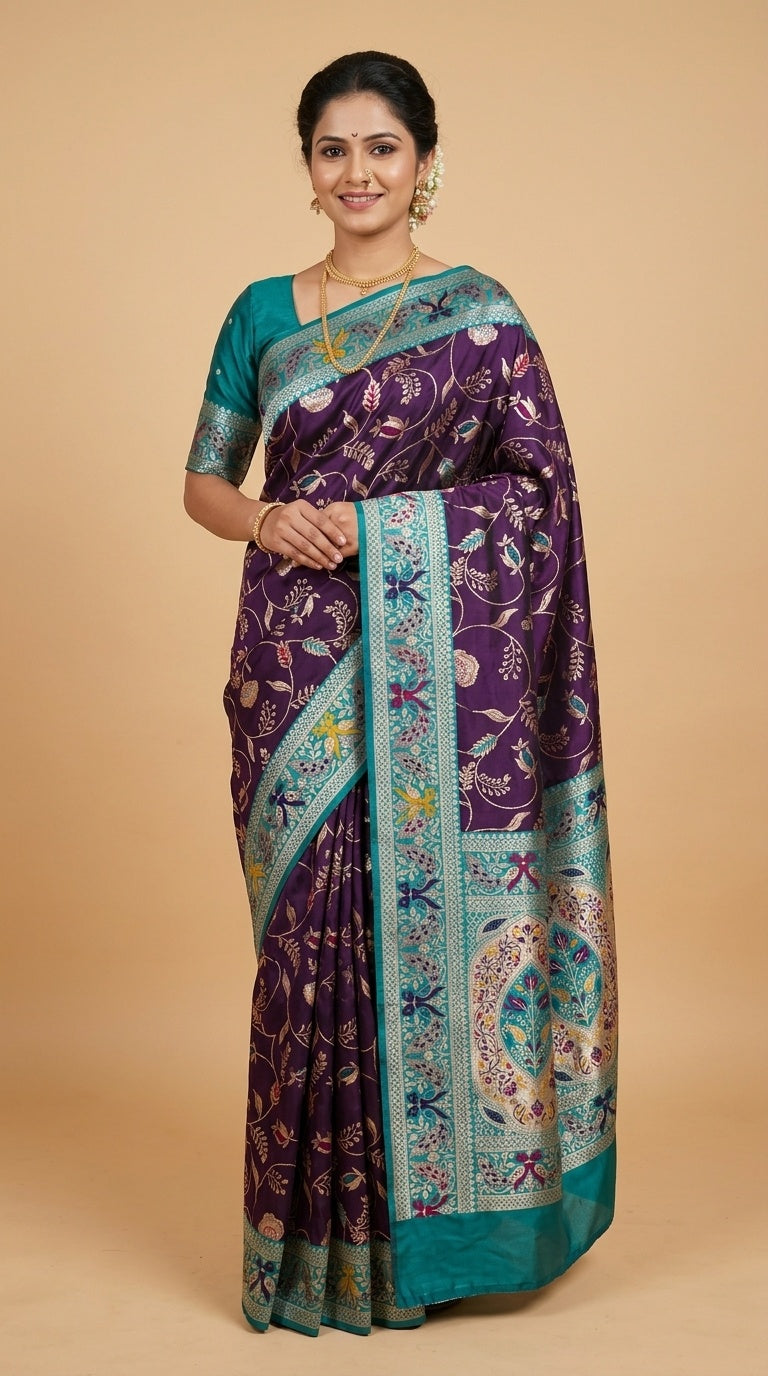 PREMIUM Soft Paithani Silk Saree for Women with Meenakari Zari Weaving, Rich Peacock Pallu, Floral Border & Tassels with Brocade Blouse