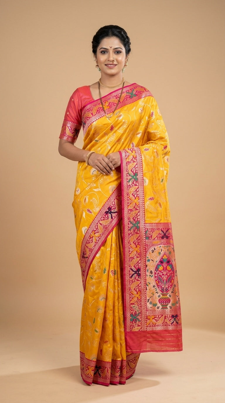 PREMIUM Soft Paithani Silk Saree for Women with Meenakari Zari Weaving, Rich Peacock Pallu, Floral Border & Tassels with Brocade Blouse