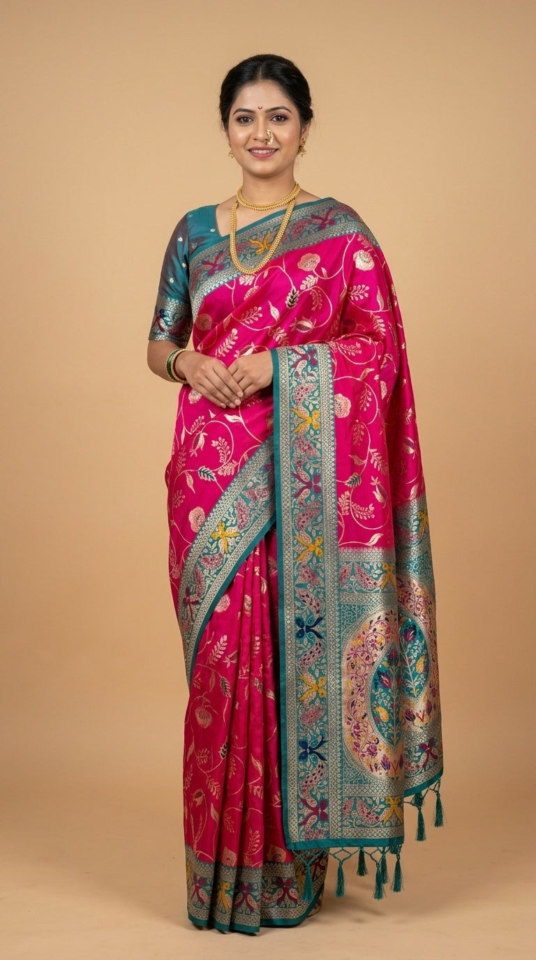 PREMIUM Soft Paithani Silk Saree for Women with Meenakari Zari Weaving, Rich Peacock Pallu, Floral Border & Tassels with Brocade Blouse
