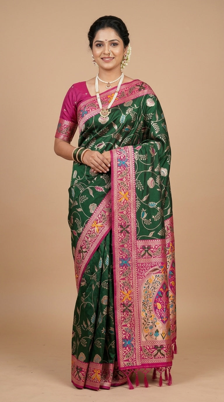 PREMIUM Soft Paithani Silk Saree for Women with Meenakari Zari Weaving, Rich Peacock Pallu, Floral Border & Tassels with Brocade Blouse