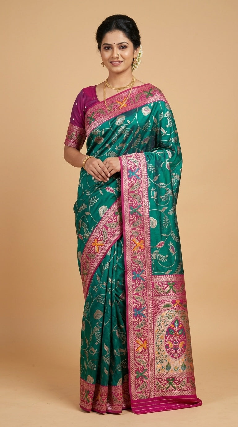 PREMIUM Soft Paithani Silk Saree for Women with Meenakari Zari Weaving, Rich Peacock Pallu, Floral Border & Tassels with Brocade Blouse