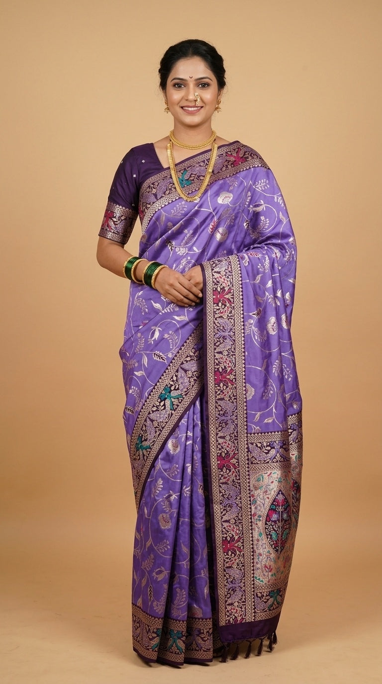 PREMIUM Soft Paithani Silk Saree for Women with Meenakari Zari Weaving, Rich Peacock Pallu, Floral Border & Tassels with Brocade Blouse
