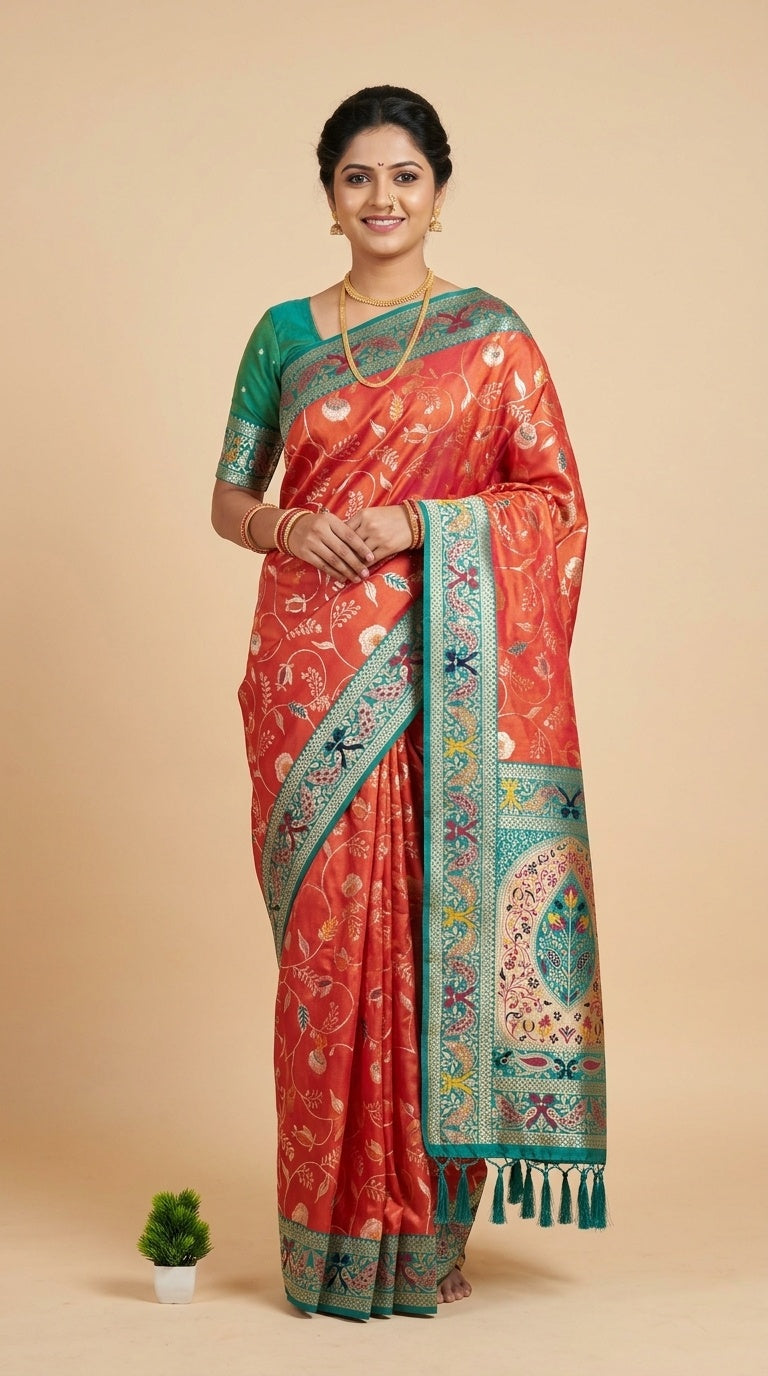 PREMIUM Soft Paithani Silk Saree for Women with Meenakari Zari Weaving, Rich Peacock Pallu, Floral Border & Tassels with Brocade Blouse