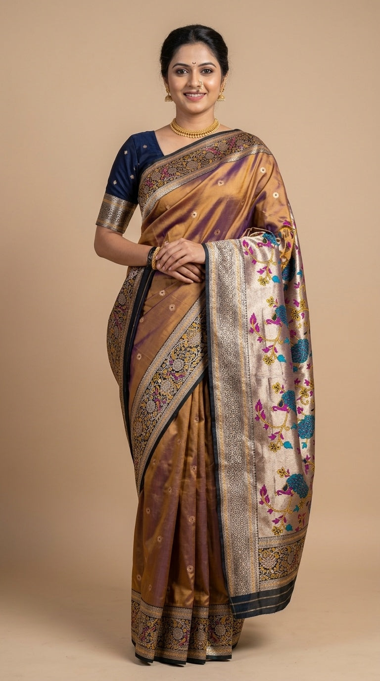 Premium Soft Paithani Silk Saree for Women with Meenakari Zari Weaving, Rich Peacock Pallu, Floral Border & Silk Brocade Blouse
