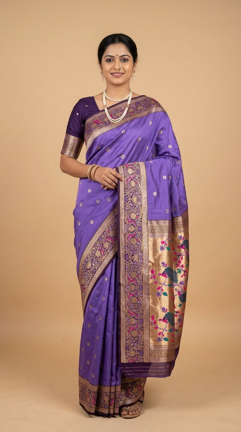 Premium Soft Paithani Silk Saree for Women with Meenakari Zari Weaving, Rich Peacock Pallu, Floral Border & Silk Brocade Blouse