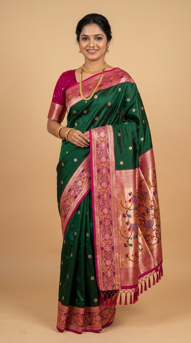 Premium Soft Paithani Silk Saree for Women with Meenakari Zari Weaving, Rich Peacock Pallu, Floral Border & Silk Brocade Blouse
