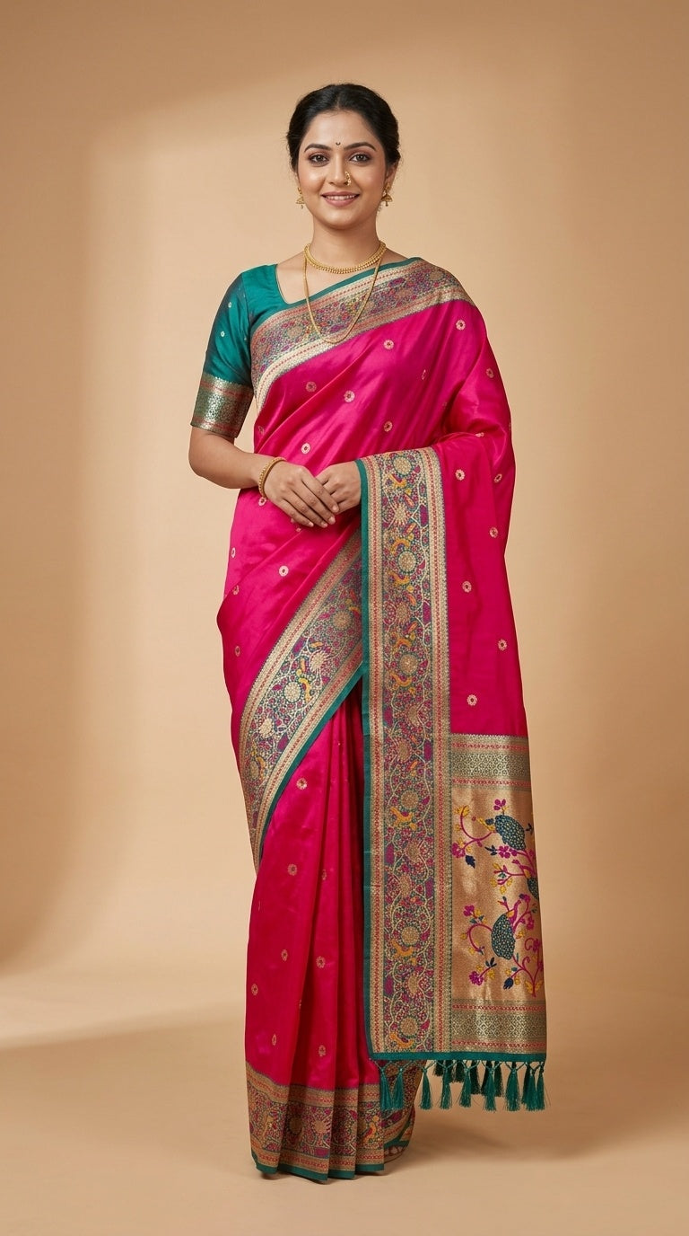 Premium Soft Paithani Silk Saree for Women with Meenakari Zari Weaving, Rich Peacock Pallu, Floral Border & Silk Brocade Blouse