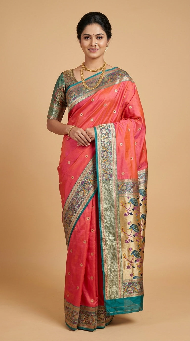 Premium Soft Paithani Silk Saree for Women with Meenakari Zari Weaving, Rich Peacock Pallu, Floral Border & Silk Brocade Blouse