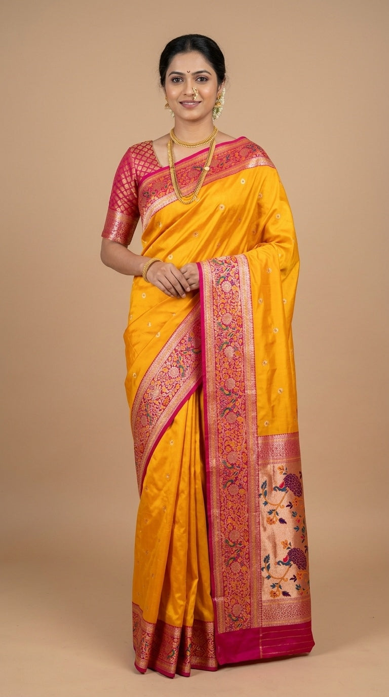 Premium Soft Paithani Silk Saree for Women with Meenakari Zari Weaving, Rich Peacock Pallu, Floral Border & Silk Brocade Blouse