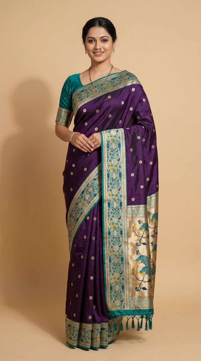 Premium Soft Paithani Silk Saree for Women with Meenakari Zari Weaving, Rich Peacock Pallu, Floral Border & Silk Brocade Blouse